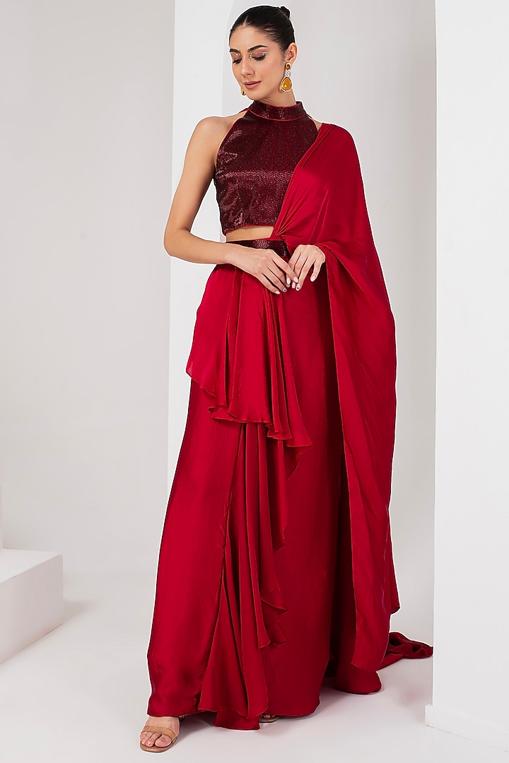 Red Satin Draped Saree Set by AKARA at Pernia's Pop Up Shop