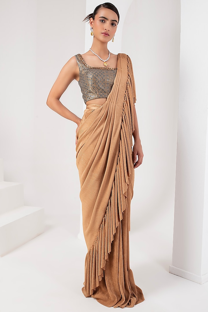 Gold Crushed Lycra Blend Draped Saree Set by AKARA at Pernia's Pop Up Shop