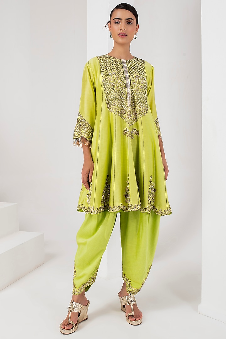 Lime Green Chanderi Silk Dhoti Set by AKARA at Pernia's Pop Up Shop