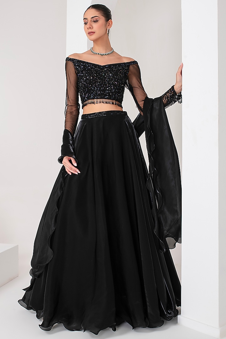 Black Fluid Organza Hand Embellished Wedding Lehenga Set by AKARA at Pernia's Pop Up Shop