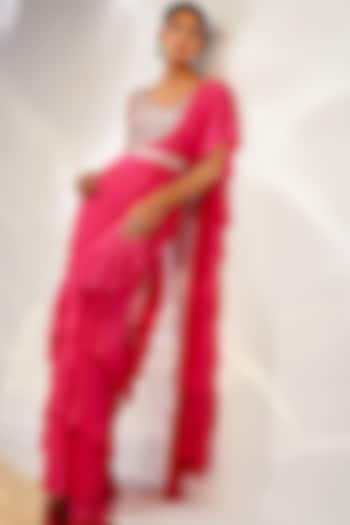 Pink Georgette Ruffled Draped Saree Set by AKARA at Pernia's Pop Up Shop