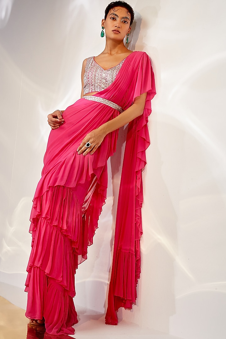 Pink Georgette Ruffled Draped Saree Set by AKARA at Pernia's Pop Up Shop