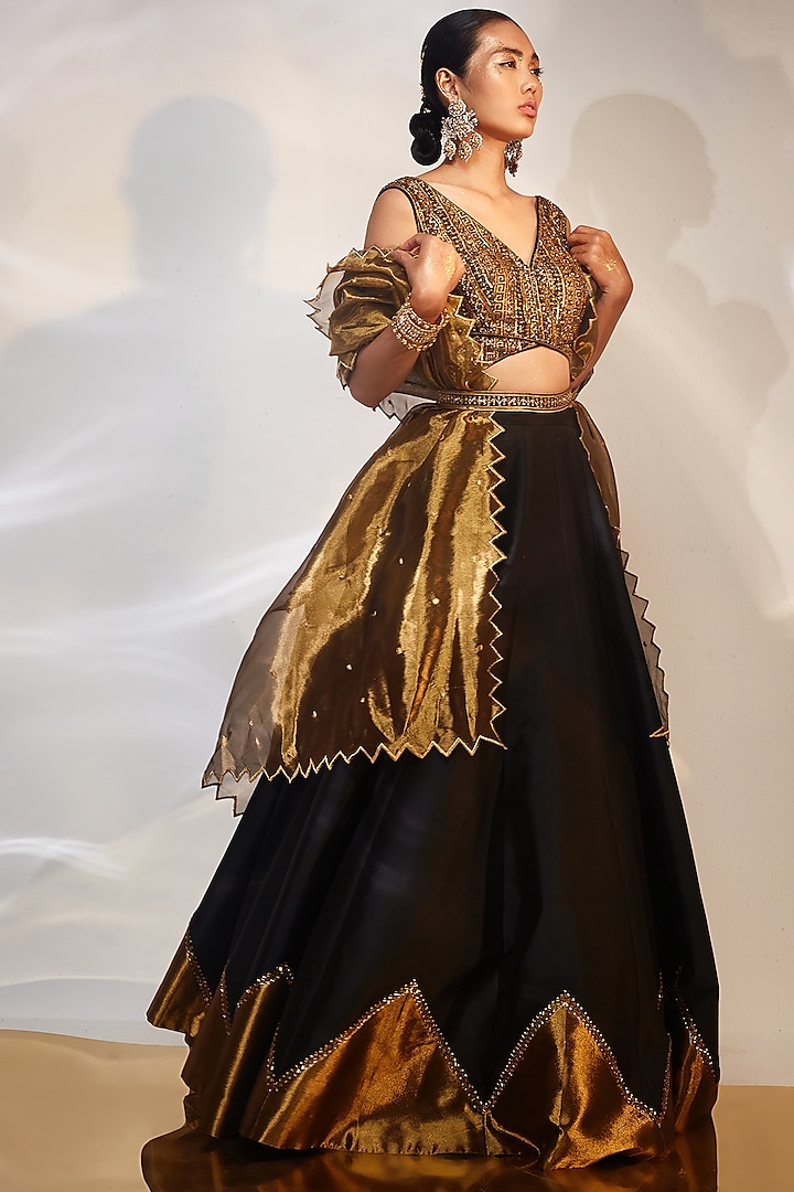 Black & Gold Tissue Hand Embellished Wedding Lehenga Set by AKARA at Pernia's Pop Up Shop