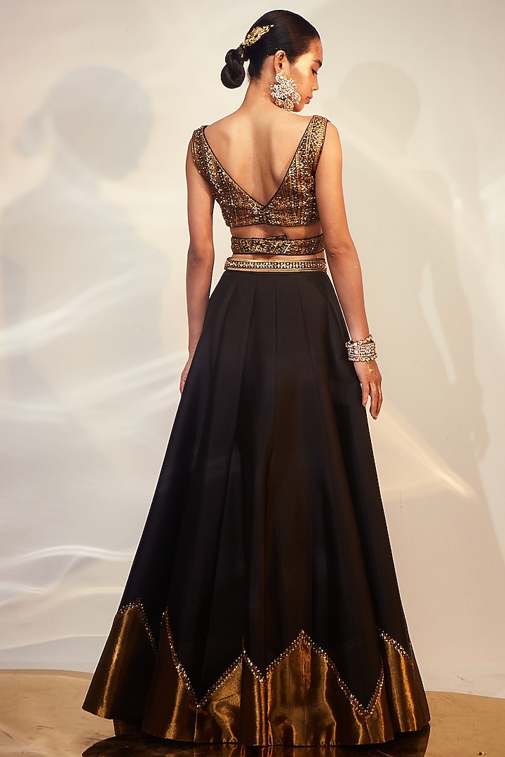 Black & Gold Tissue Hand Embellished Wedding Lehenga Set by AKARA at Pernia's Pop Up Shop