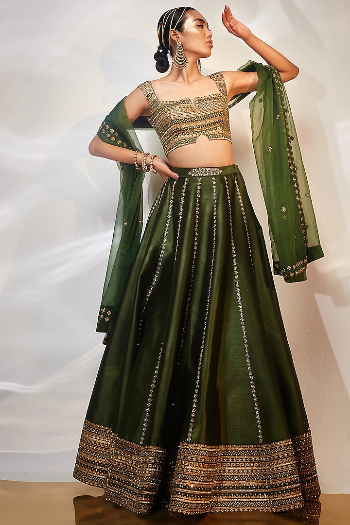 Green & Gold Dola Silk Hand Embellished Wedding Lehenga Set by AKARA at Pernia's Pop Up Shop