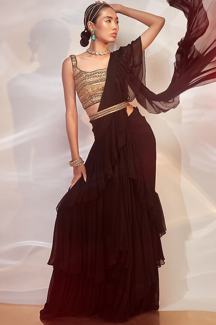 Black Georgette Ruffled Draped Saree Set by AKARA at Pernia's Pop Up Shop