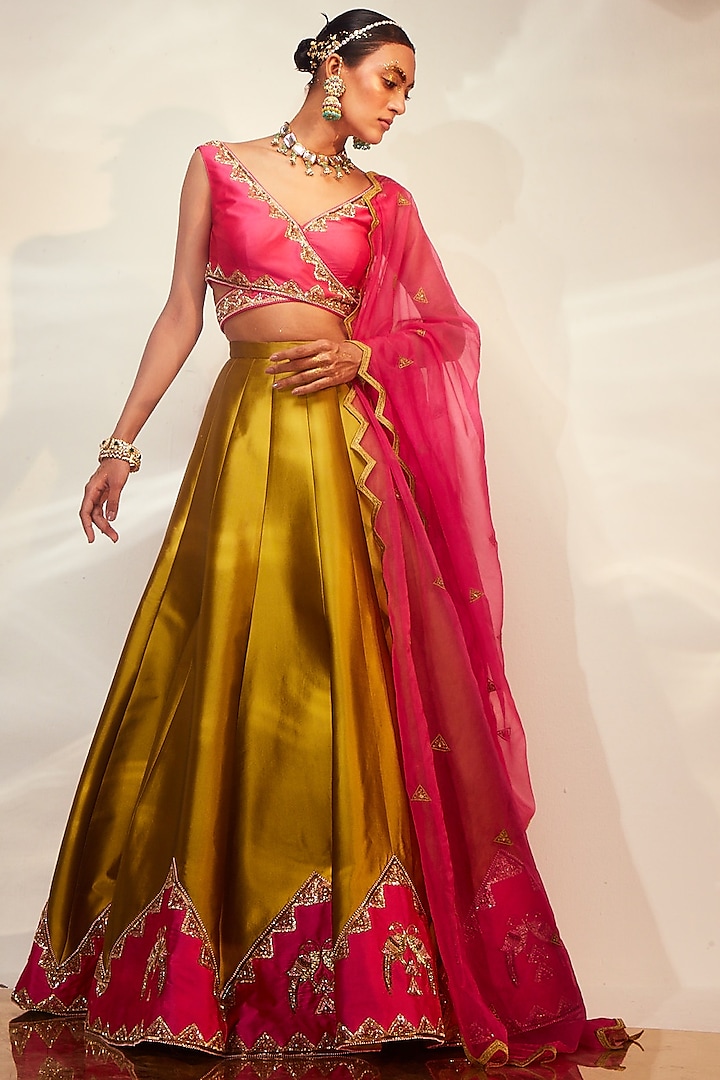 Olive Green Taffeta Silk Hand Embellished Wedding Lehenga Set by AKARA at Pernia's Pop Up Shop