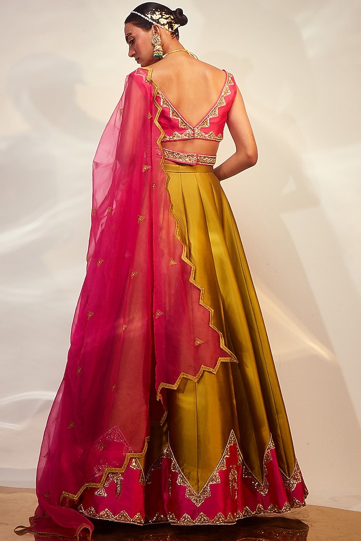 Olive Green Taffeta Silk Hand Embellished Wedding Lehenga Set by AKARA at Pernia's Pop Up Shop