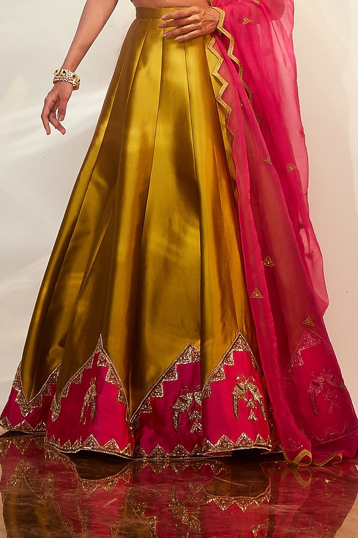 Olive Green Taffeta Silk Hand Embellished Wedding Lehenga Set by AKARA at Pernia's Pop Up Shop