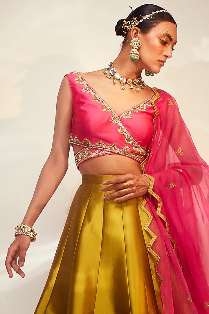 Olive Green Taffeta Silk Hand Embellished Wedding Lehenga Set by AKARA at Pernia's Pop Up Shop