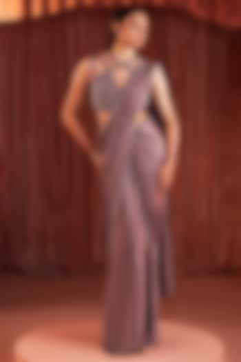 Mauve Wave Satin Embroidered Draped Wedding Saree Set by AKARA at Pernia's Pop Up Shop