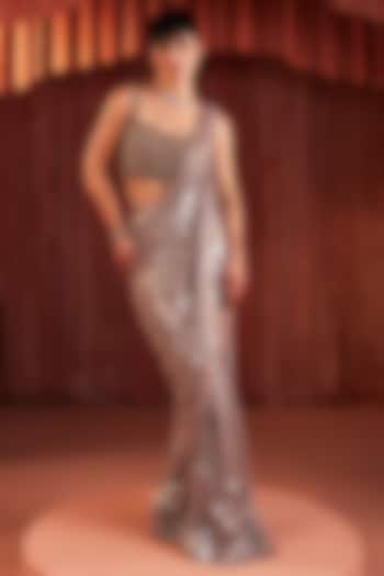 Blush Rose Metallic Foil Georgette Draped Wedding Saree Set by AKARA at Pernia's Pop Up Shop