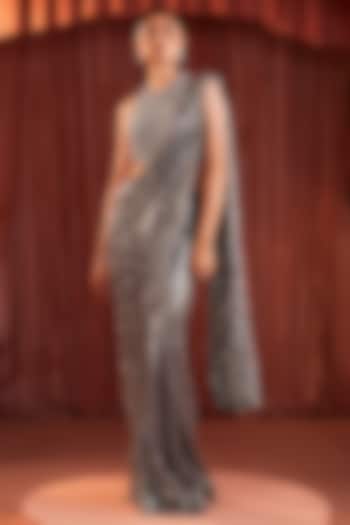 Graphite Metallic Foil Georgette Draped Wedding Saree Set by AKARA at Pernia's Pop Up Shop