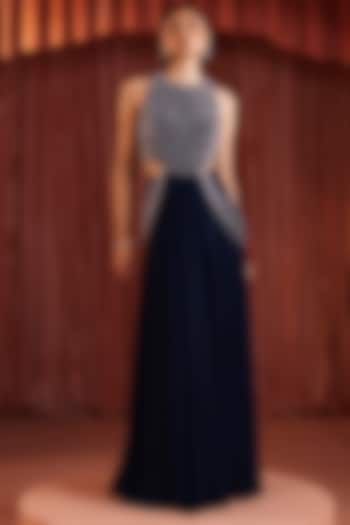 Midnight Blue Royal Georgette A-Line Skirt Set by AKARA at Pernia's Pop Up Shop