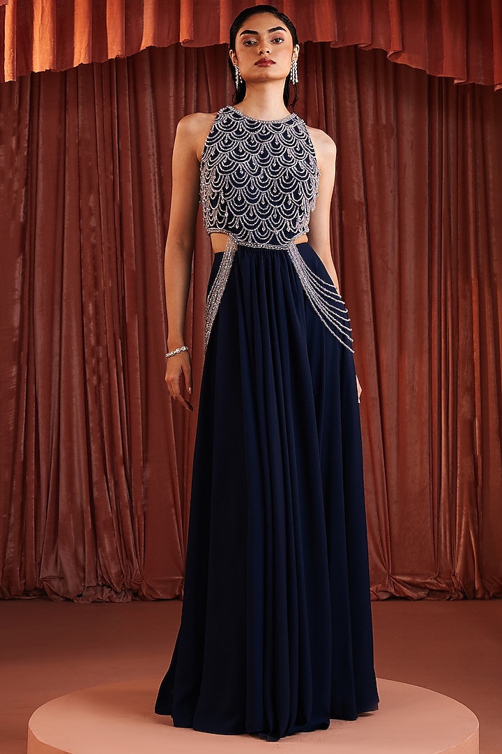 Midnight Blue Royal Georgette A-Line Skirt Set by AKARA at Pernia's Pop Up Shop