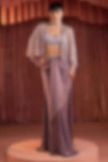 Mauve Organza Hand Embellished Cape Set by AKARA at Pernia's Pop Up Shop