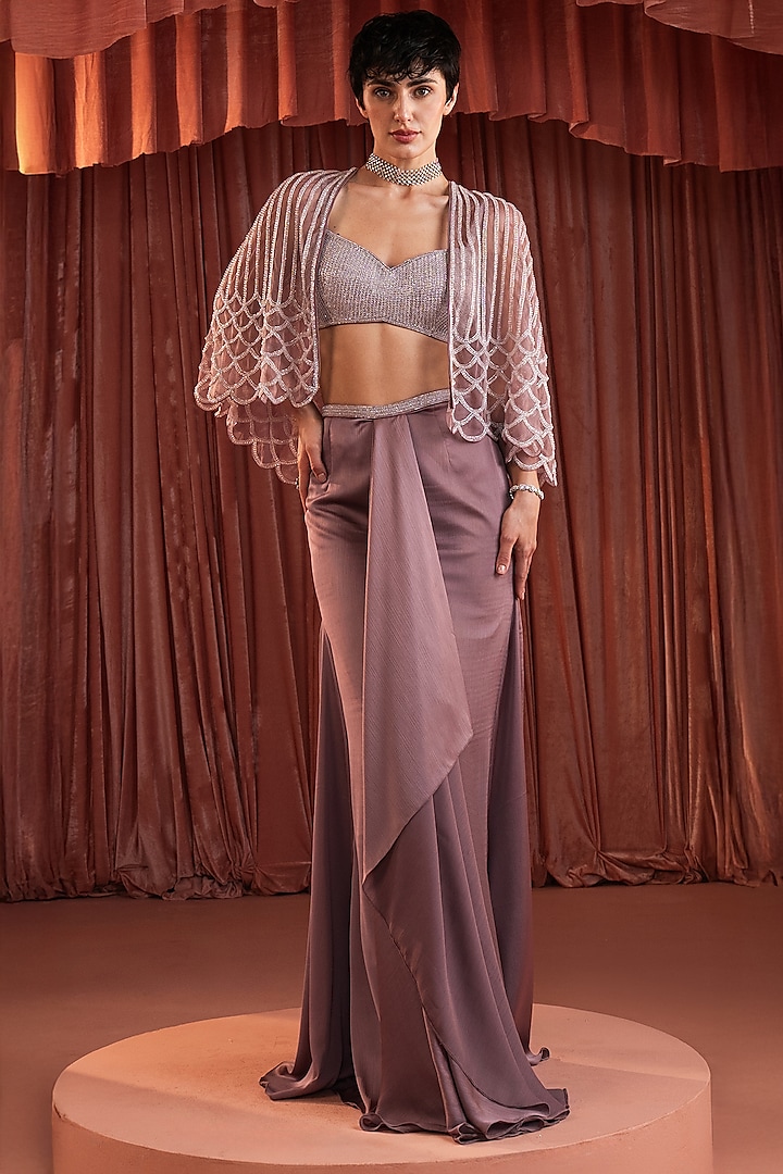 Mauve Organza Hand Embellished Cape Set by AKARA at Pernia's Pop Up Shop