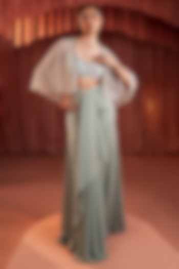 Sea Green Organza Hand Embellished Cape Set by AKARA at Pernia's Pop Up Shop