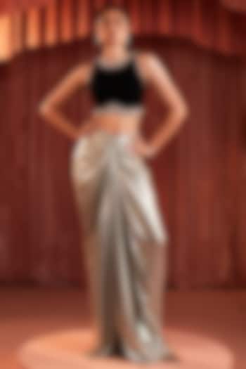 Gold Lycra Foil Draped Saree Set by AKARA at Pernia's Pop Up Shop