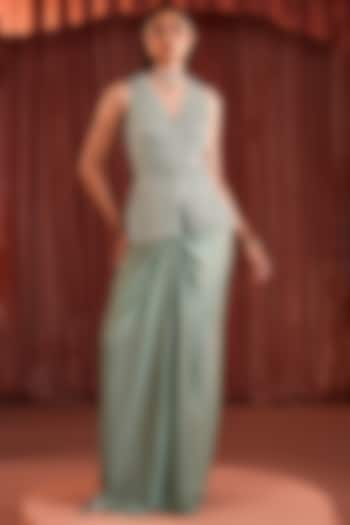 Sage Green Wave Satin Knotted Draped Skirt Set by AKARA at Pernia's Pop Up Shop