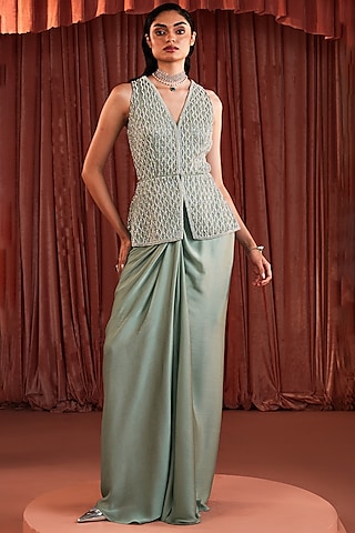 Sage Green Wave Satin Knotted Draped Skirt Set by AKARA