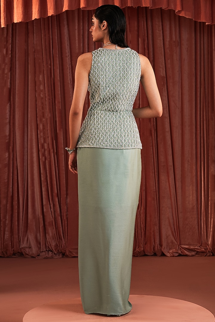 Sage Green Wave Satin Knotted Draped Skirt Set by AKARA at Pernia's Pop Up Shop