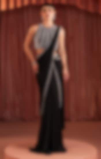 Black Satin Embroidered Draped Wedding Saree Set by AKARA at Pernia's Pop Up Shop