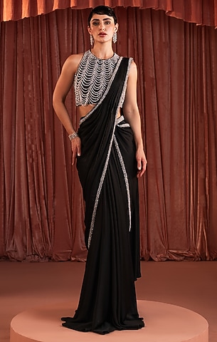 Black Satin Embroidered Draped Saree Set by AKARA