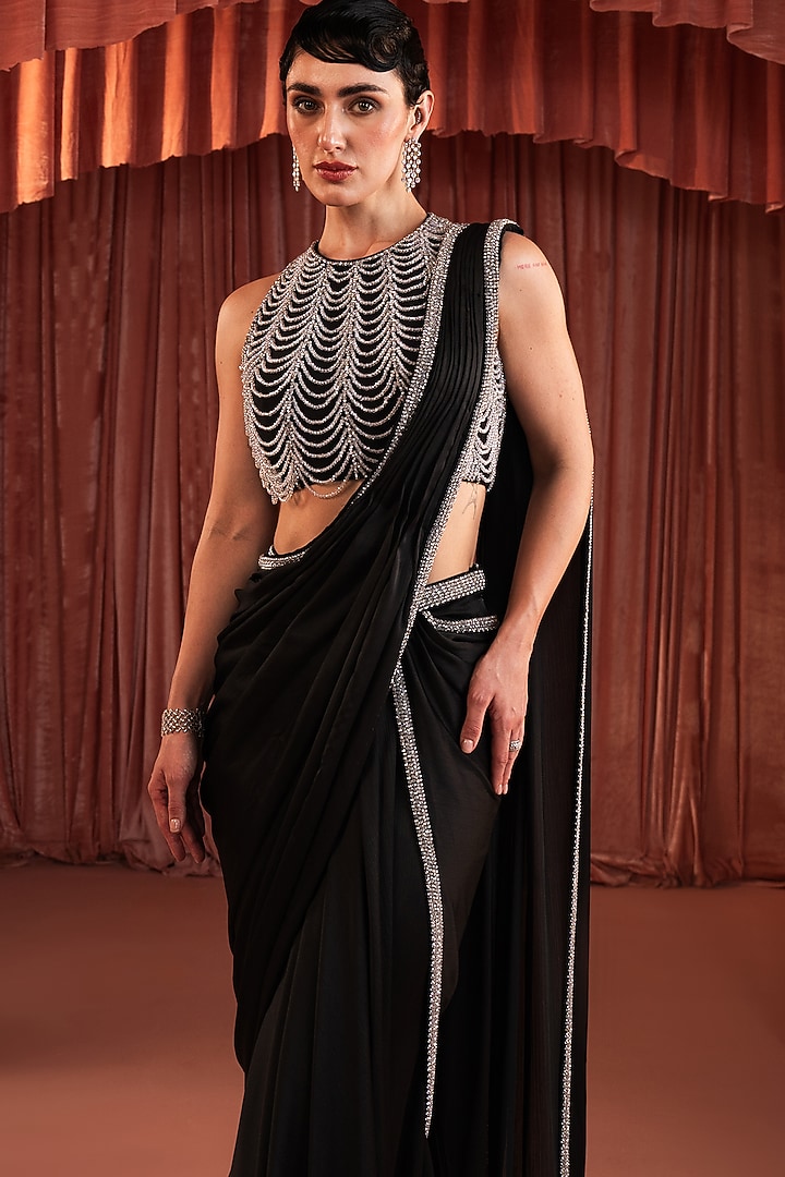 Black Satin Embroidered Draped Wedding Saree Set by AKARA at Pernia's Pop Up Shop
