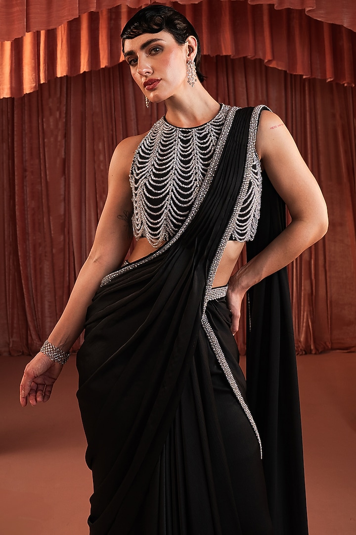 Black Satin Embroidered Draped Wedding Saree Set by AKARA at Pernia's Pop Up Shop