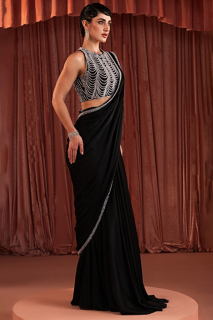 Black Satin Embroidered Draped Wedding Saree Set by AKARA at Pernia's Pop Up Shop