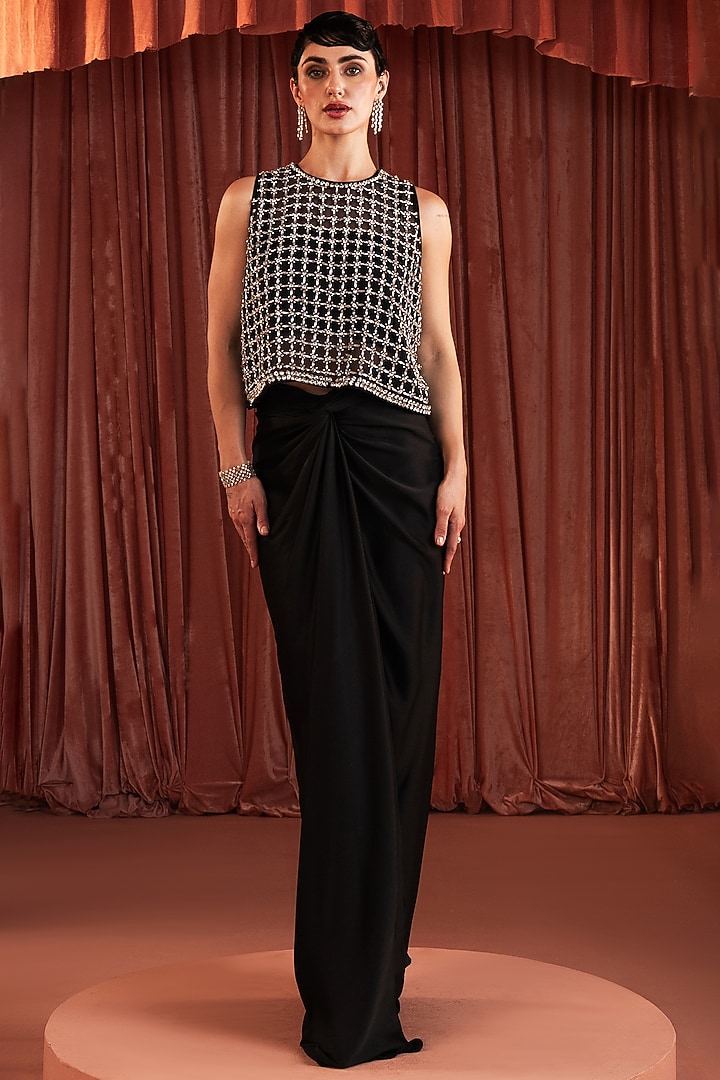 Black Satin Draped Skirt Set by AKARA at Pernia's Pop Up Shop
