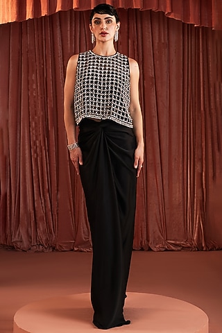 Black Satin Draped Skirt Set by AKARA