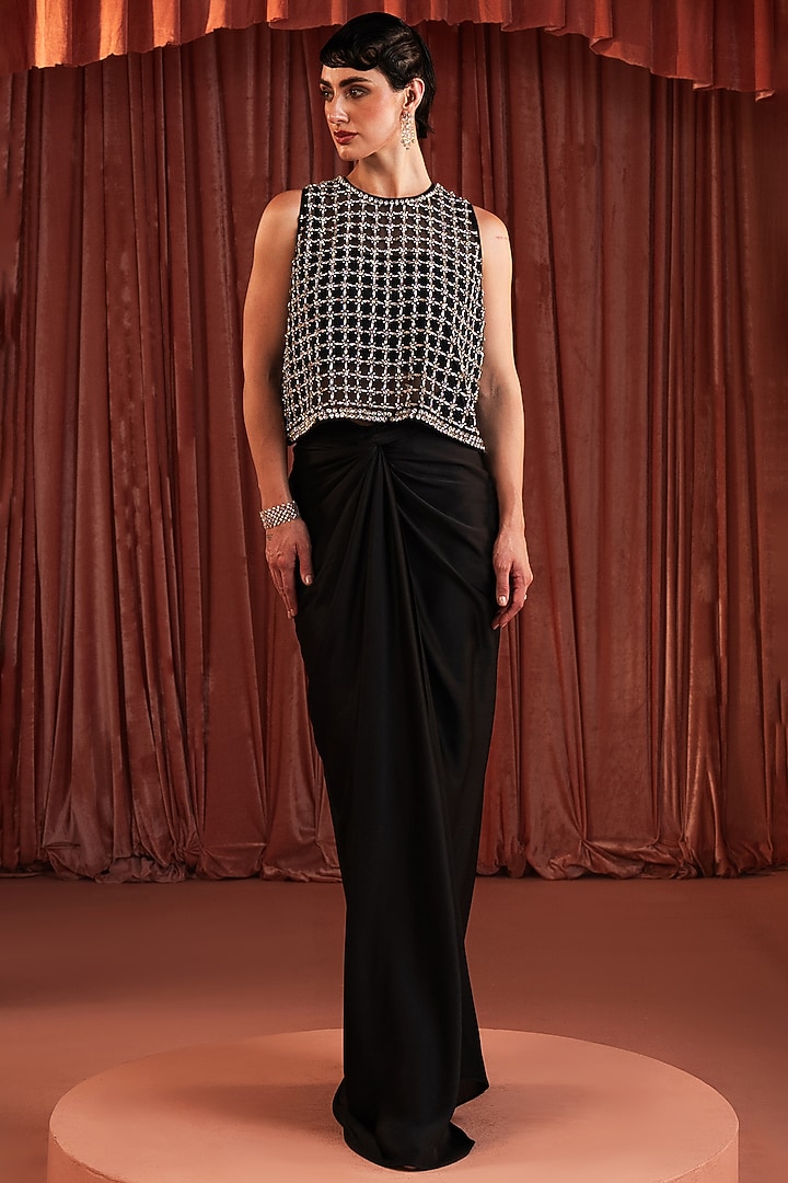 Black Satin Draped Skirt Set by AKARA at Pernia's Pop Up Shop