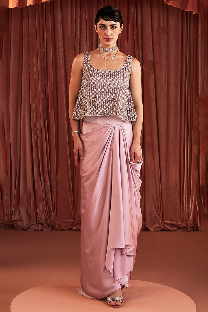 Blush Rose Satin Draped Skirt Set by AKARA at Pernia's Pop Up Shop