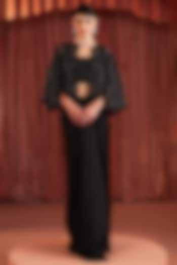 Black Satin Embroidered Cape Set by AKARA at Pernia's Pop Up Shop