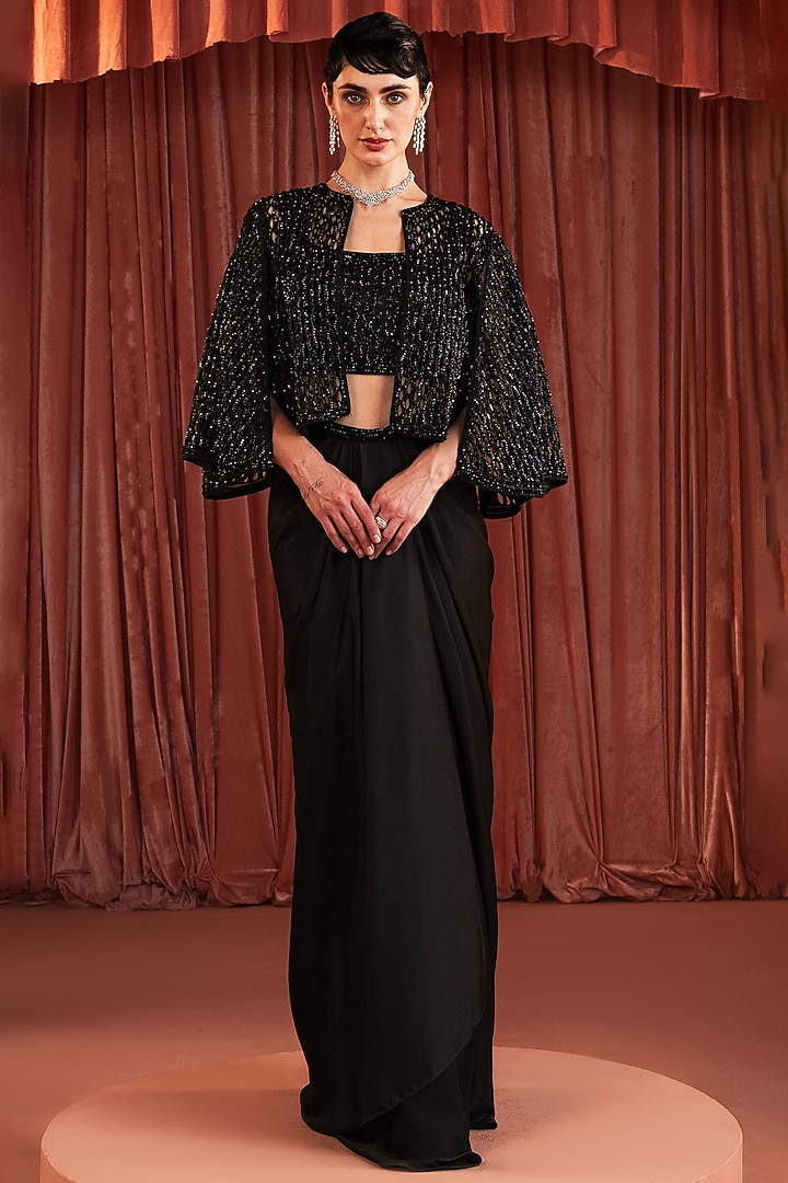 Black Satin Embroidered Cape Set by AKARA at Pernia's Pop Up Shop