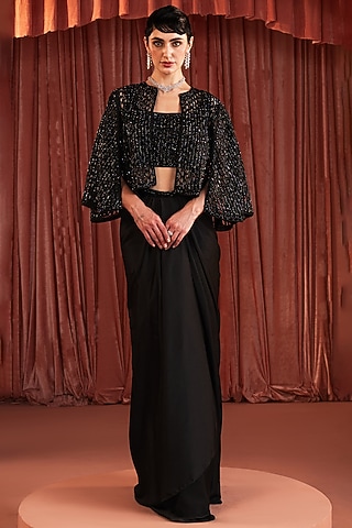 Black Satin Embroidered Cape Set by AKARA