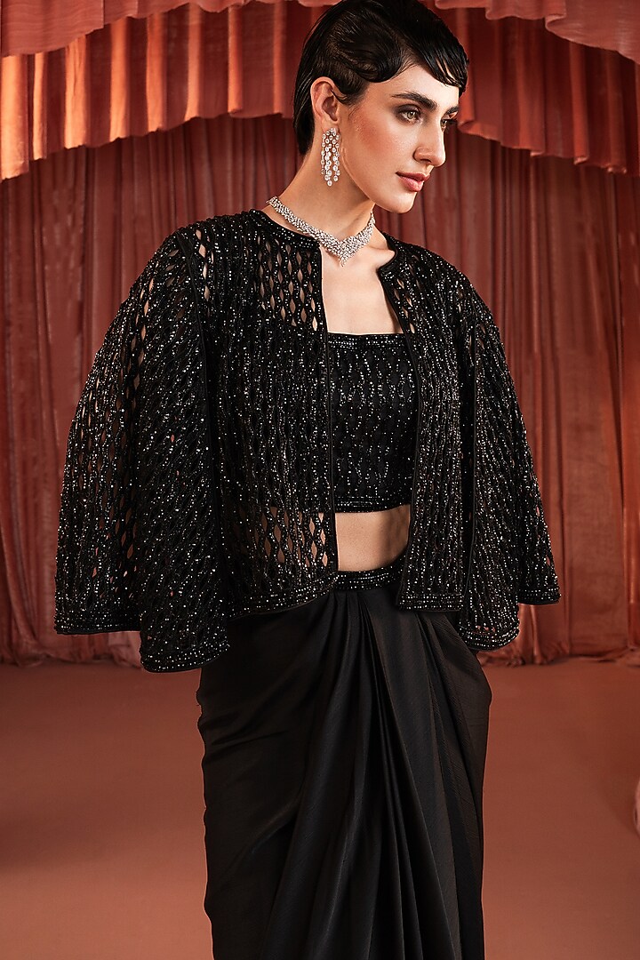 Black Satin Embroidered Cape Set by AKARA at Pernia's Pop Up Shop