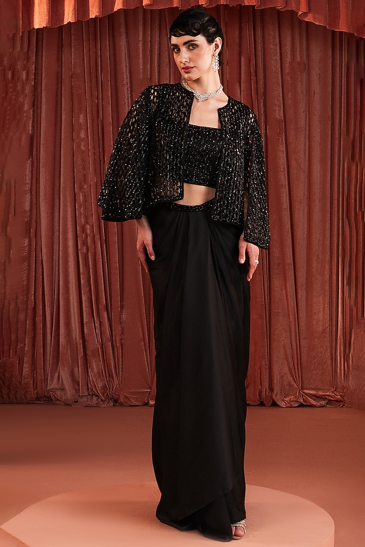 Black Satin Embroidered Cape Set by AKARA at Pernia's Pop Up Shop
