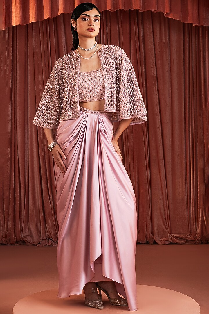 Blush Rose Satin Embroidered Cape Set by AKARA at Pernia's Pop Up Shop
