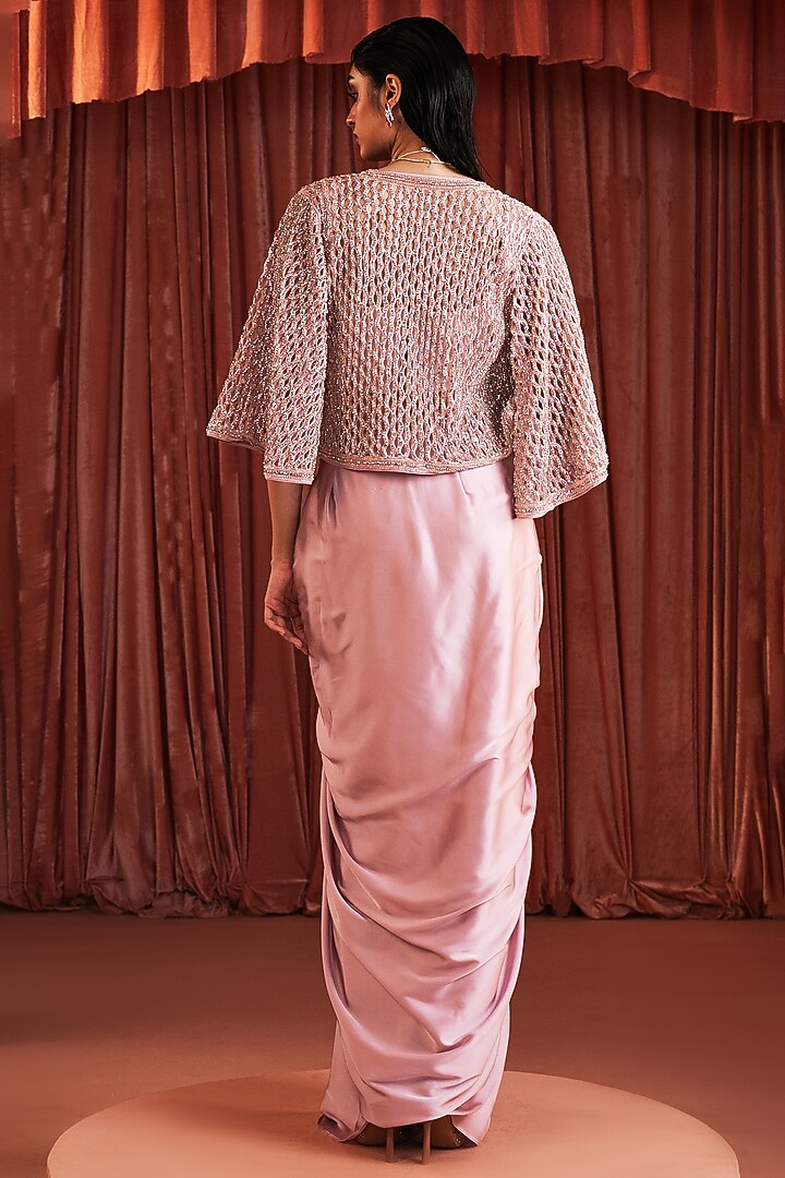 Blush Rose Satin Embroidered Cape Set by AKARA at Pernia's Pop Up Shop