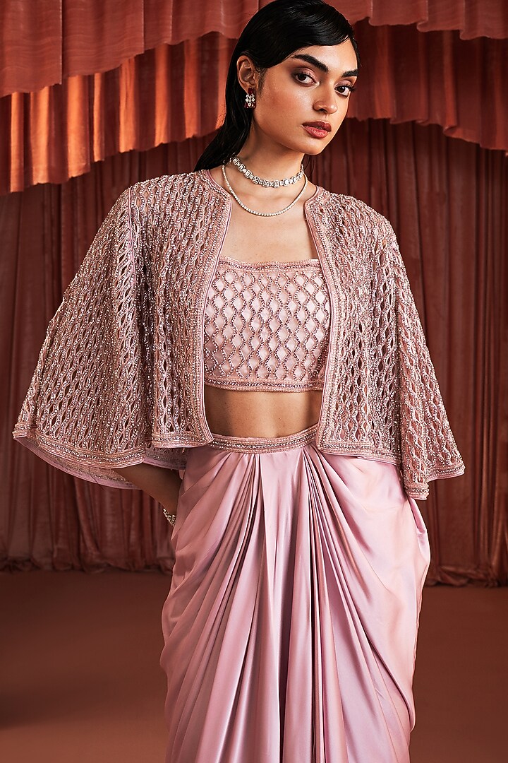 Blush Rose Satin Embroidered Cape Set by AKARA at Pernia's Pop Up Shop