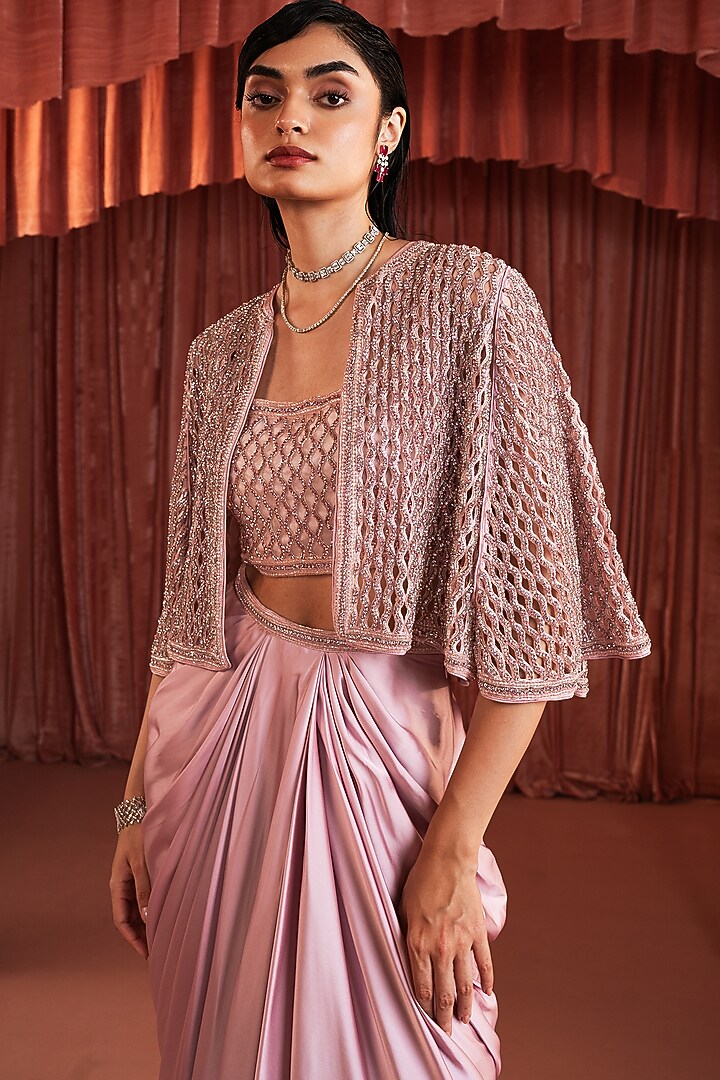 Blush Rose Satin Embroidered Cape Set by AKARA at Pernia's Pop Up Shop