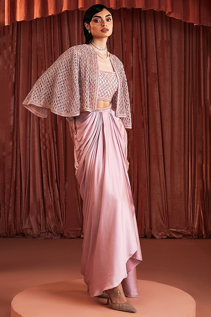 Blush Rose Satin Embroidered Cape Set by AKARA at Pernia's Pop Up Shop