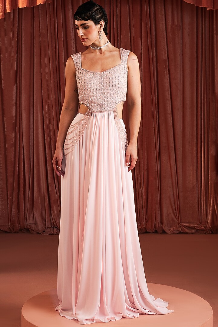 Baby Pink Royal Georgette A-Line Skirt Set by AKARA at Pernia's Pop Up Shop