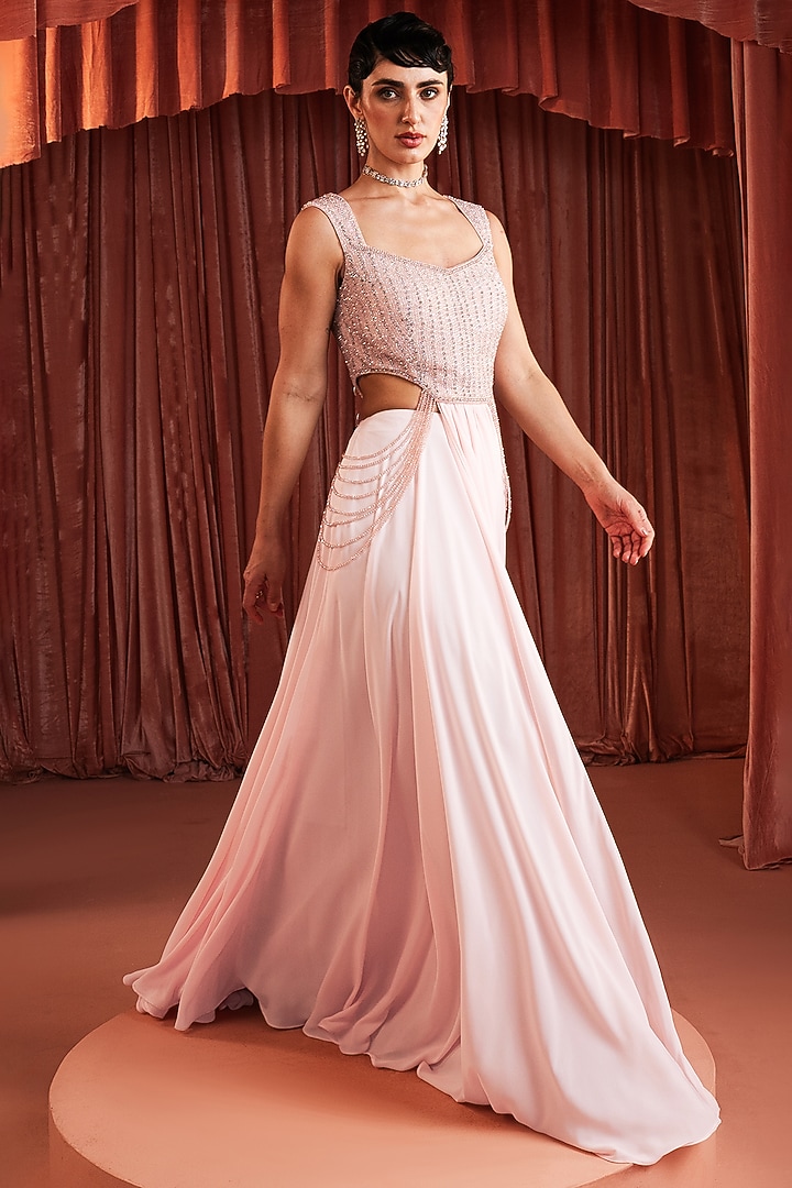 Baby Pink Royal Georgette A-Line Skirt Set by AKARA at Pernia's Pop Up Shop