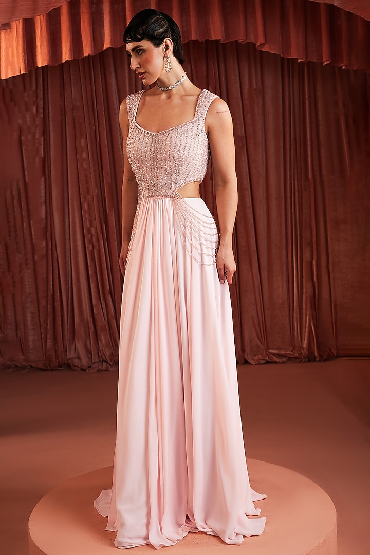 Baby Pink Royal Georgette A-Line Skirt Set by AKARA at Pernia's Pop Up Shop