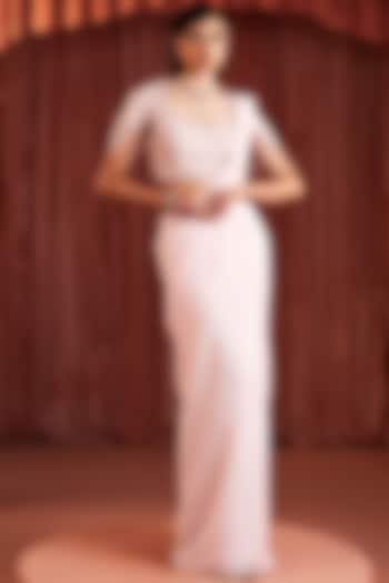 Baby Pink Metallic Georgette Embroidered Draped Wedding Saree Set by AKARA at Pernia's Pop Up Shop