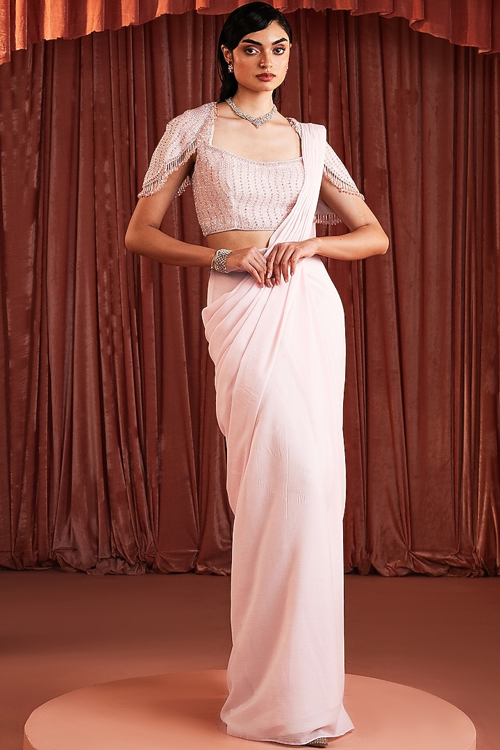 Baby Pink Metallic Georgette Embroidered Draped Wedding Saree Set by AKARA at Pernia's Pop Up Shop
